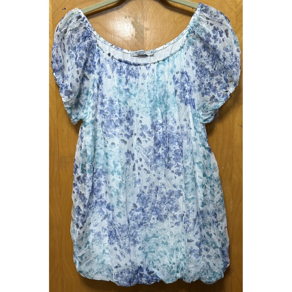 Tendenze Womens 100% Silk Lined Blouson Top Floral Romantic Blues Sz M